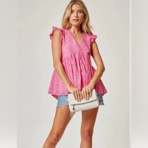 ANDREE BY UNIT Pink Floral Eyelet Top Size 2X - Boho Romantic Cottagecore Airy